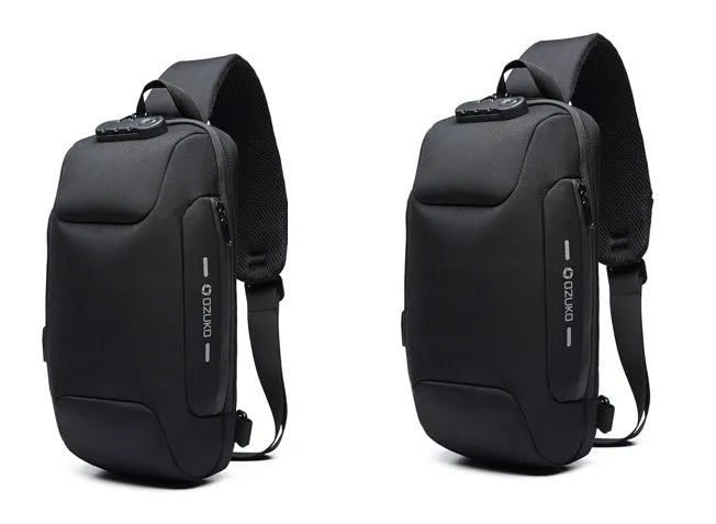 Anti-theft USB chest bag in Oxford cloth with zip closure, square vertical section, and polyester lining, shown in dark blue.