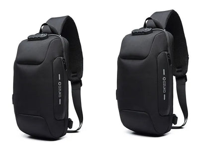 Anti-theft USB chest bag in Oxford cloth with zip closure, square vertical section, and polyester lining, shown in dark blue.