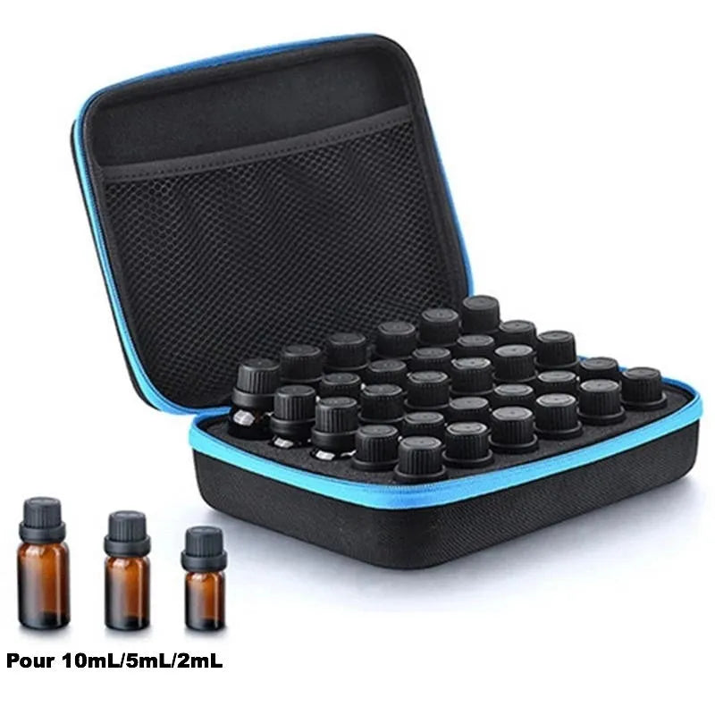 Red cube-shaped EVA essential oil storage bag with 30 compartments, shown mounted on a wall.