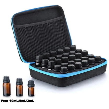 Red cube-shaped EVA essential oil storage bag with 30 compartments, shown mounted on a wall.