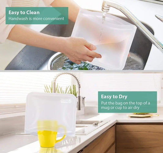 Premium PEVA fresh food storage bags in various sizes, designed with FDA-approved silica gel lining for optimal food freshness and safety.