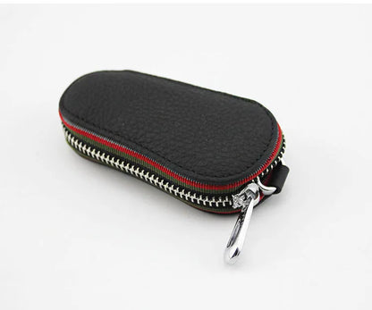 Universal leather car key bag with zipper, 15.5x5x2.5cm, in black or brown for car and home keys