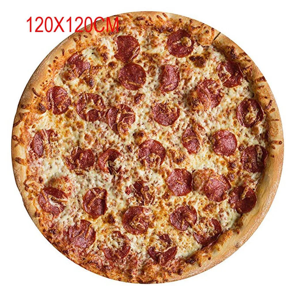 Pizza print hooded fleece blanket worn as a cloak, showing soft polyester fabric and hood design.
