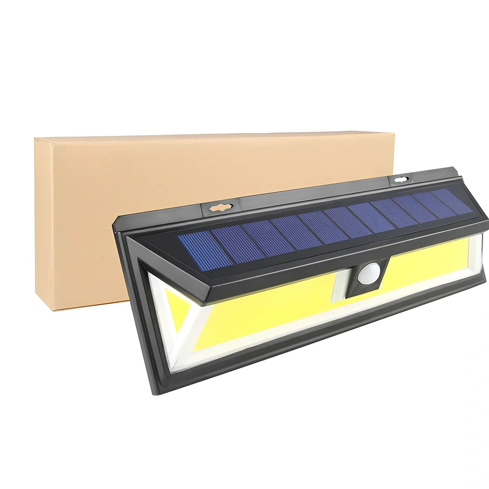 118 LED solar PIR motion sensor outdoor light in cold white, 295x105x50mm ABS build with 4400 mAh battery