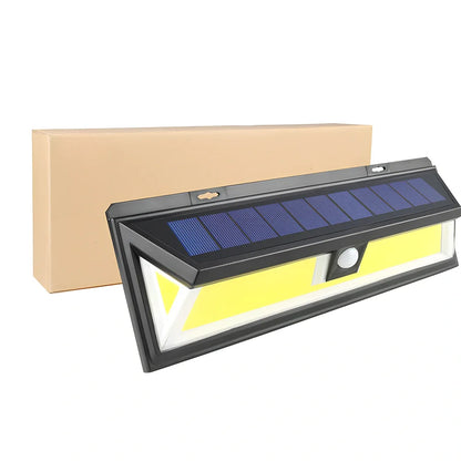 118 LED solar PIR motion sensor outdoor light in cold white, 295x105x50mm ABS build with 4400 mAh battery