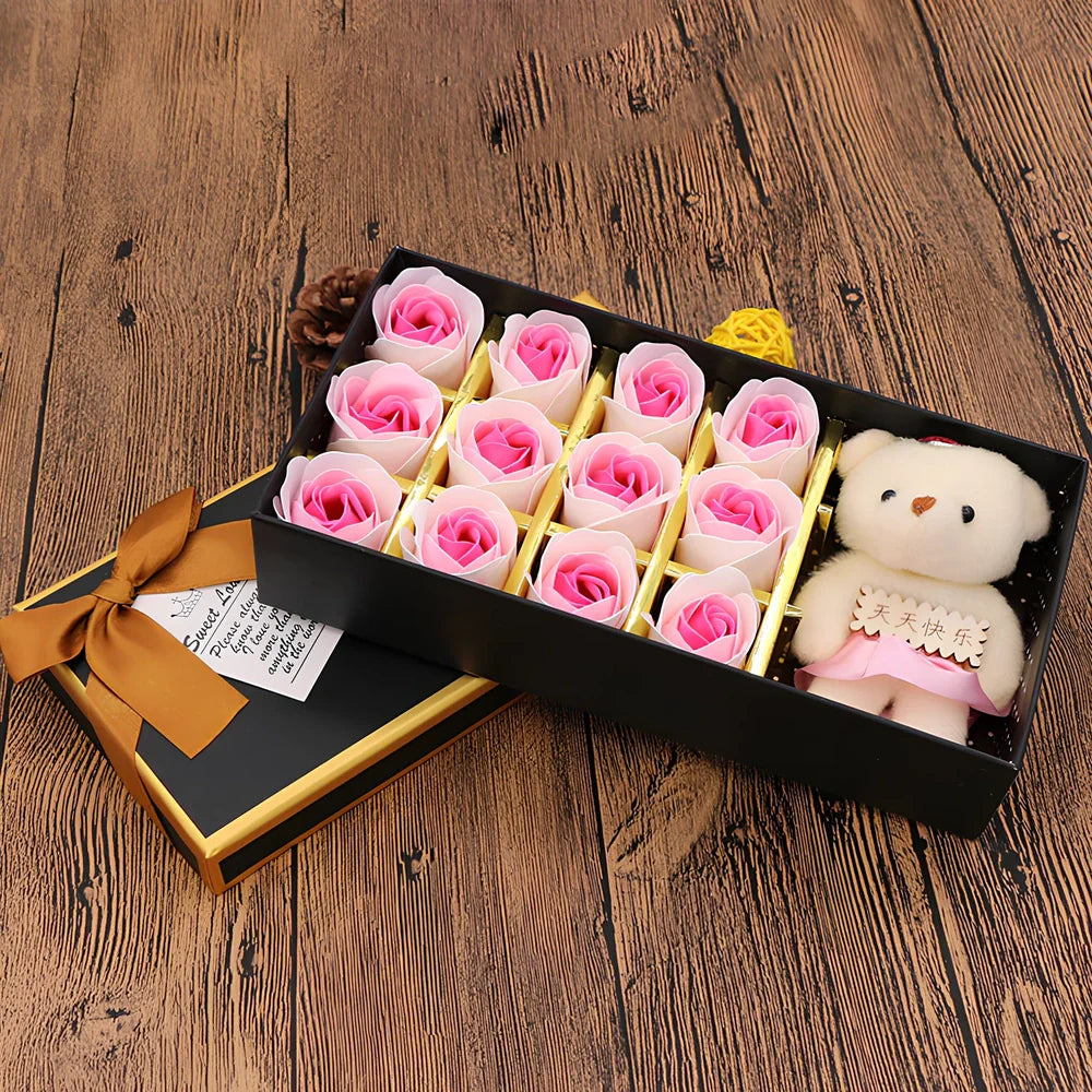 12 rose soap flowers with bear accents in basket arrangement, red colour variant in gift box