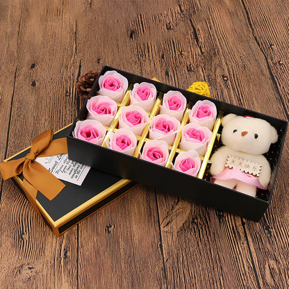 12 rose soap flowers with bear accents in basket arrangement, red colour variant in gift box