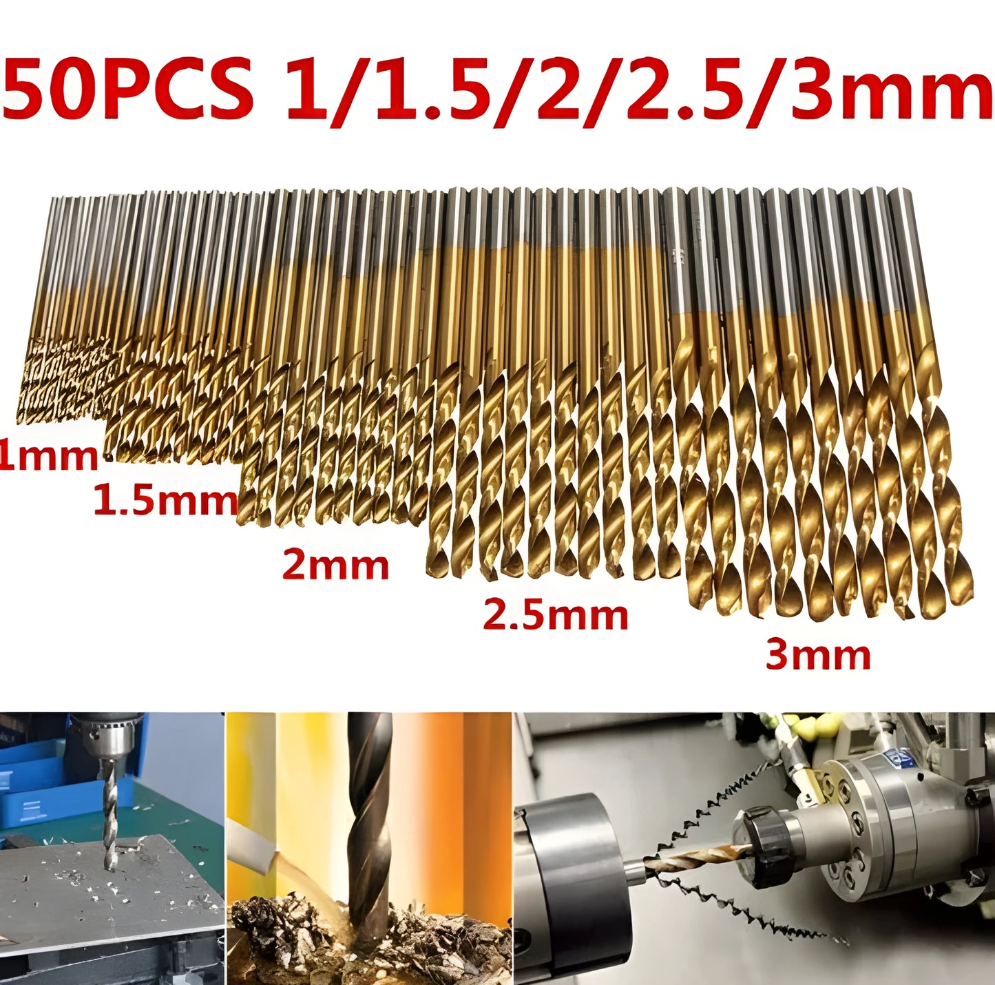 Fifty titanium gold coated high-speed steel twist drill bits laid out in a set