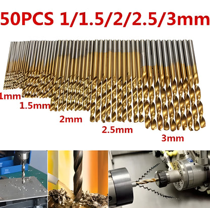 Fifty titanium gold coated high-speed steel twist drill bits laid out in a set