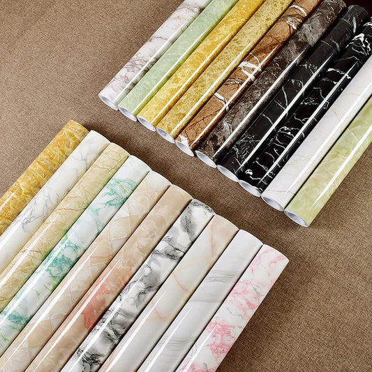 Elegant imitation marble furniture wallpaper with waterproof and heat-resistant properties for easy kitchen, bathroom, and home decor updates