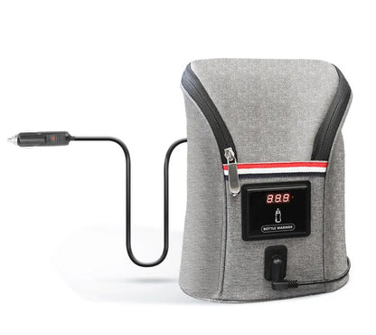 Grey Oxford cloth car USB baby bottle warmer with electronic display and hanging buckle