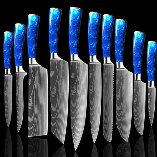 8-inch Chef Knife with blue resin handle for precision cooking tasks