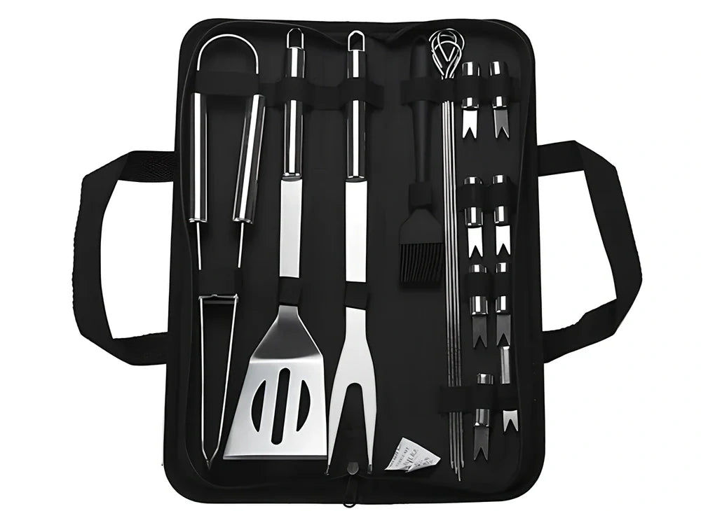 Silver 10-piece stainless steel BBQ tool set with shovel, fork, clip, strings, brush, and tote bag, sized 40x16.5x6cm for outdoor use