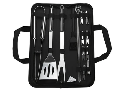 Silver 10-piece stainless steel BBQ tool set with shovel, fork, clip, strings, brush, and tote bag, sized 40x16.5x6cm for outdoor use