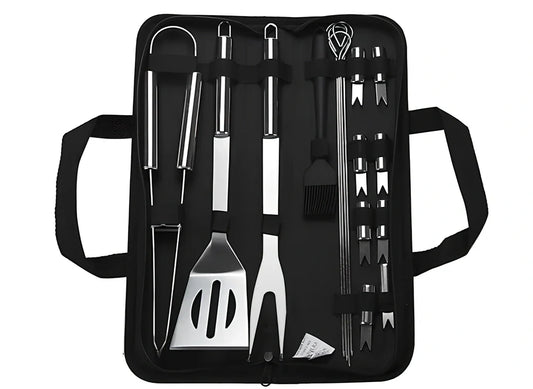 Silver 10-piece stainless steel BBQ tool set with shovel, fork, clip, strings, brush, and tote bag, sized 40x16.5x6cm for outdoor use