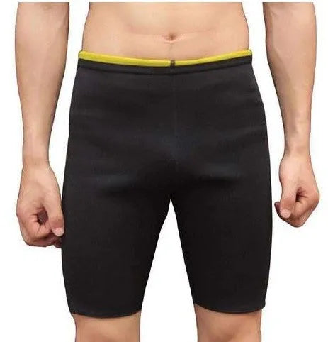 Men's black and yellow SBR sauna shorts with polyester lining, nylon outer and flatlock stitching, sizes S to 4XL.