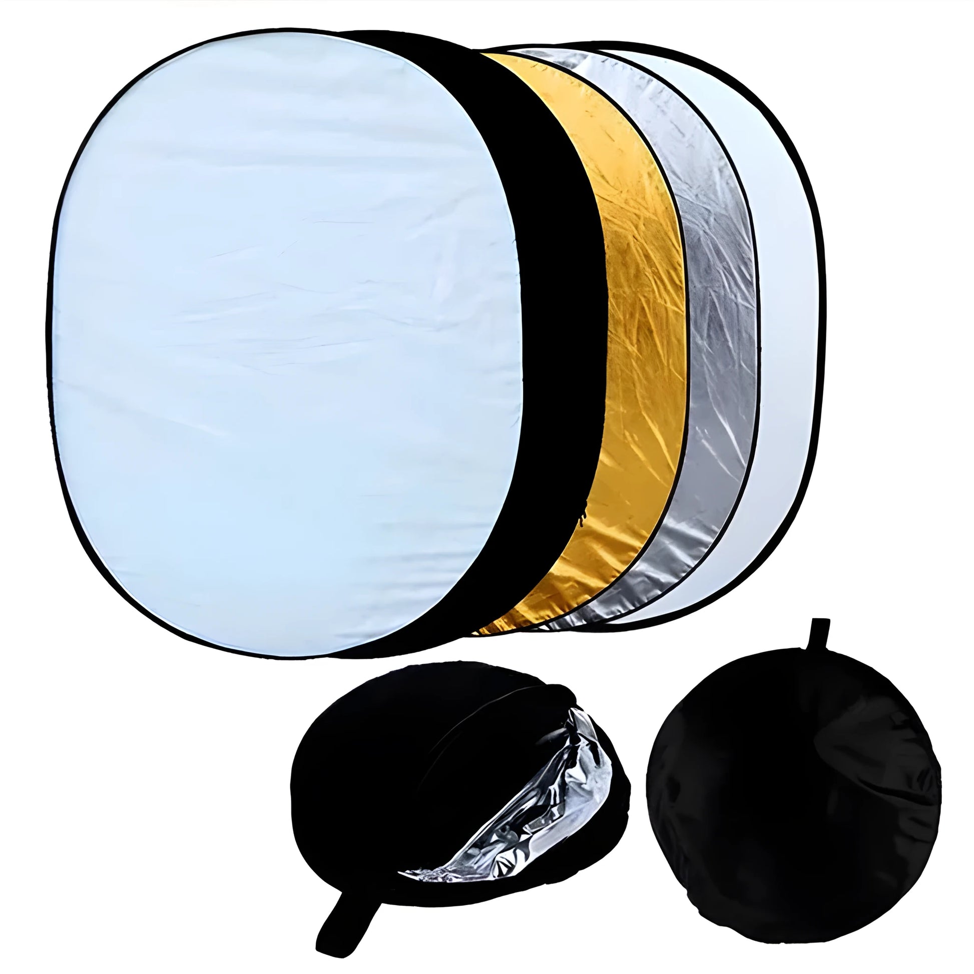 60x90cm collapsible photography reflector showing five surfaces: gold, silver, white, black, and translucent