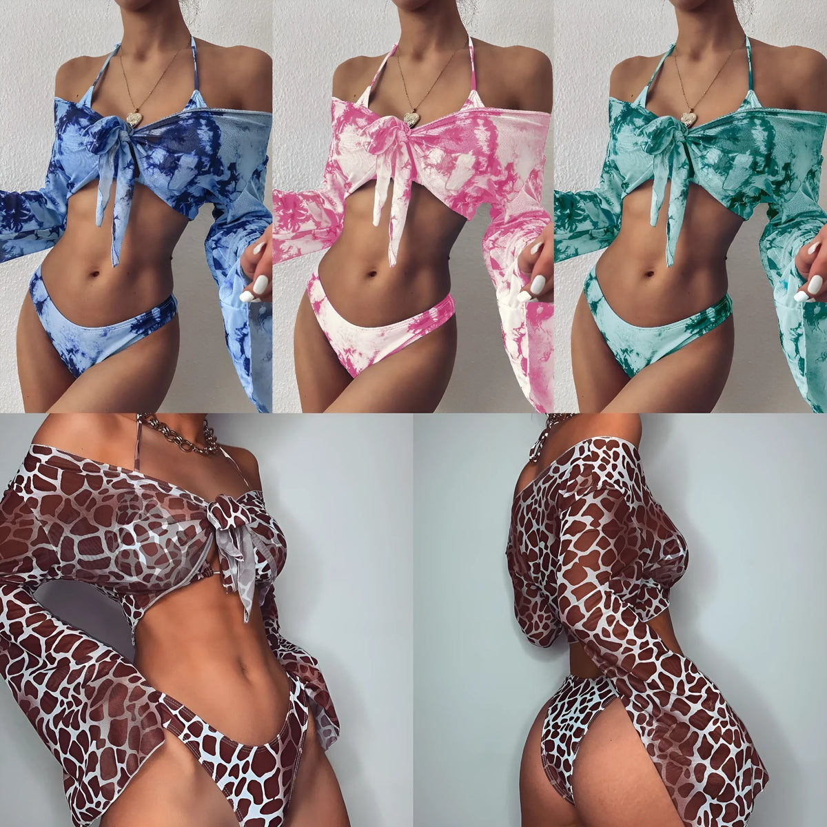 Split long sleeve leopard swimwear one-piece swimsuit with gradient print in blue brown green pink