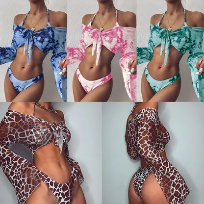 Split long sleeve leopard swimwear one-piece swimsuit with gradient print in blue brown green pink