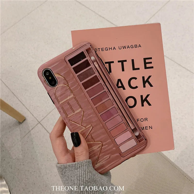 Silicone eye shadow phone case for iPhone showing flesh and grey colour options with precise port cutouts