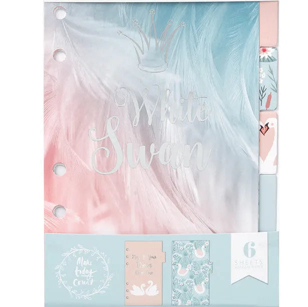 Swan handbook A6 separator page set of 6 sheets printed on 300G white card with gold foil backing paper, 96x172mm size for diary, planner and organiser dividers with clear plastic packaging