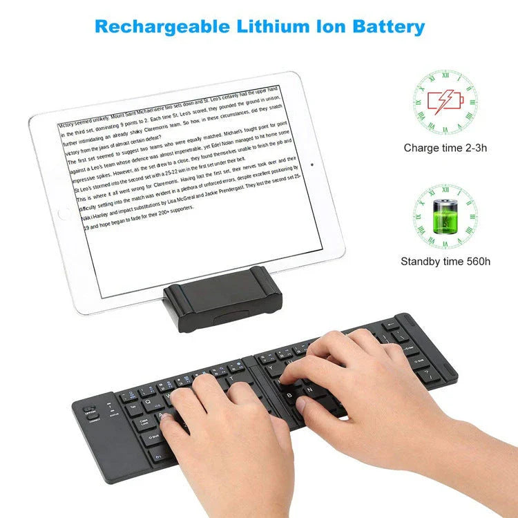 Compact, foldable Bluetooth wireless keyboard with a sleek, minimalist design for use with UK mobile devices