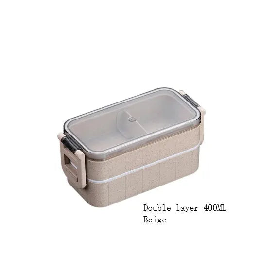 Square wheat straw lunch box with lock seal in blue, beige, or pink colours.