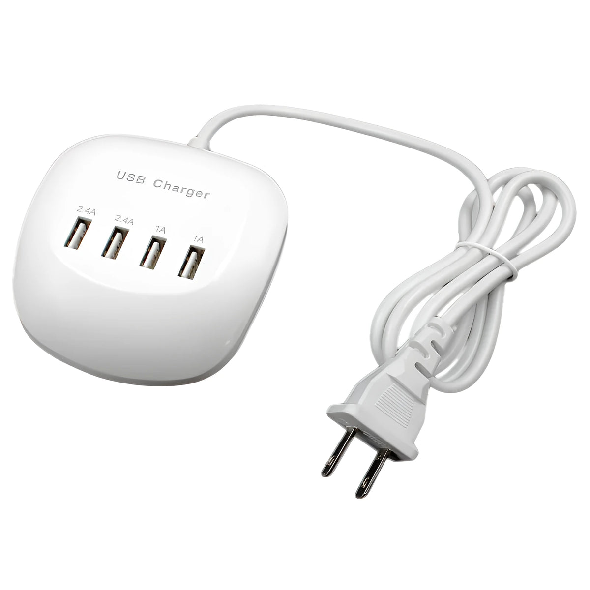 White dual port USB wall charger with either EU two-pin or US two-pin plug style