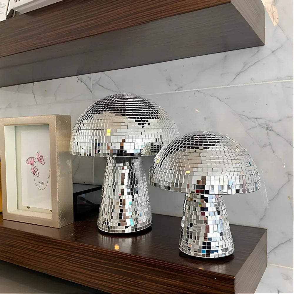 Handmade mirror glass mushroom ornament with geometric brick pattern in silver, gold, or rose gold