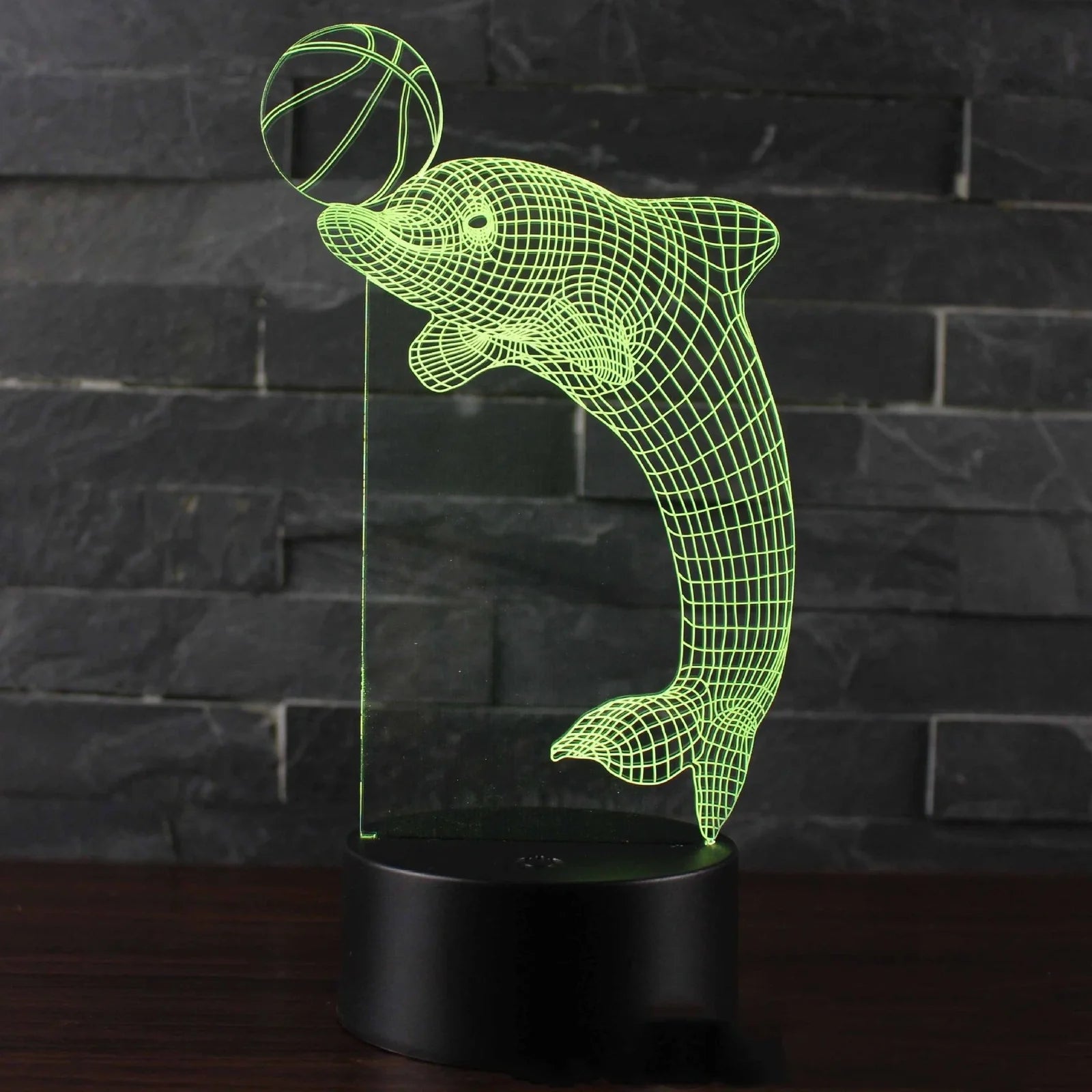 Dolphin-shaped night light with touch control, measuring 205mm by 120mm by 4mm with LED illumination