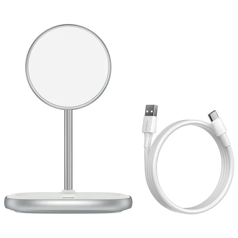 Swan Magnetic Desktop Stand Wireless Charger in white holding an iPhone 12 at an angle on a wooden desk