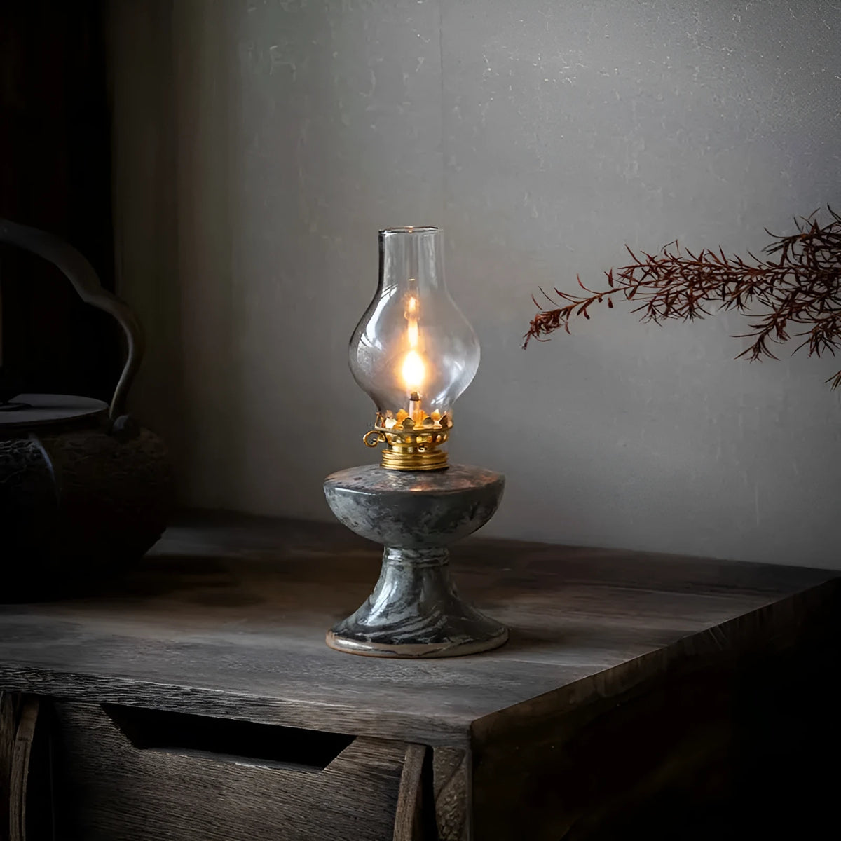 Black handmade ceramic kerosene lamp night light with retro split design, 23.8cm tall and 7.8cm wide
