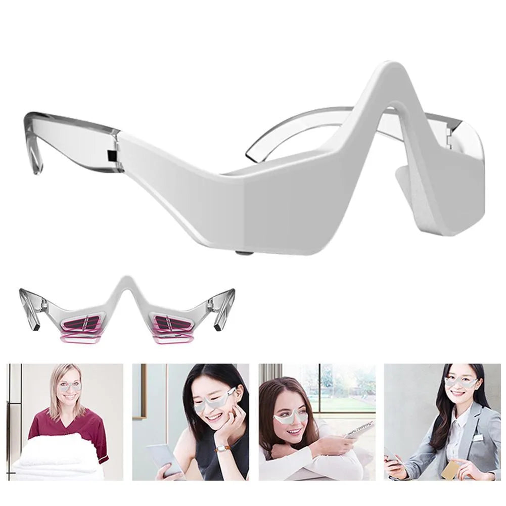 3D Eye Beauty Instrument micro-current massager in pink or white, showing glasses-like design and one-button control for eye relaxation