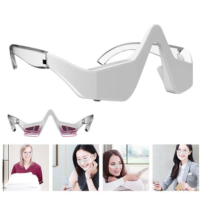 3D Eye Beauty Instrument micro-current massager in pink or white, showing glasses-like design and one-button control for eye relaxation
