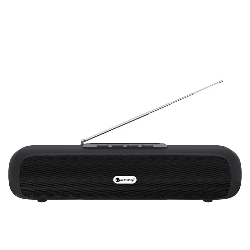 Long strip wireless desktop subwoofer speaker in black, blue, red, or silver grey colour options.