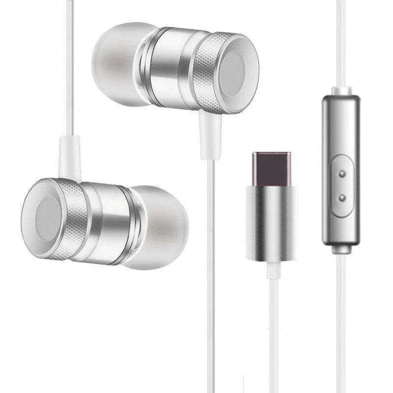 In-ear music video headphones with environmental protection TPE material in black, silver, pink, and gold