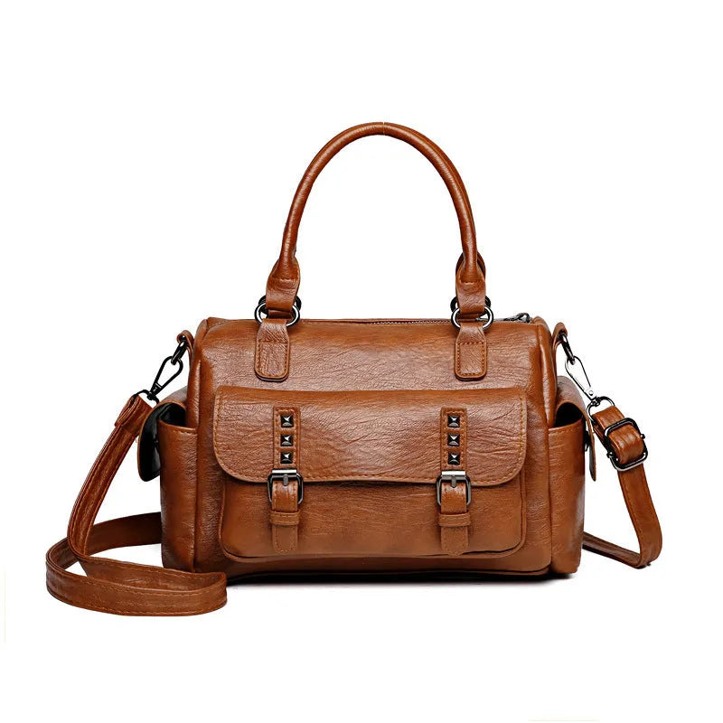 Vintage style messenger bag in PU leather with contrast stitching, horizontal square shape, shown in multiple colour options