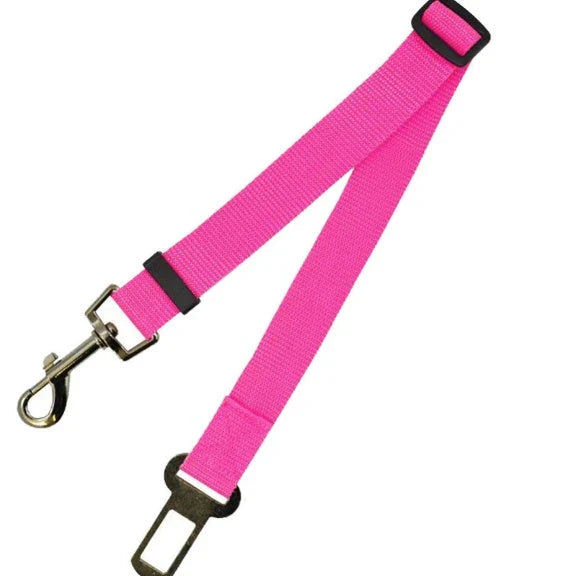 Adjustable dog seat belt with secure clip and buckle for attaching to pet harness and vehicle seatbelt