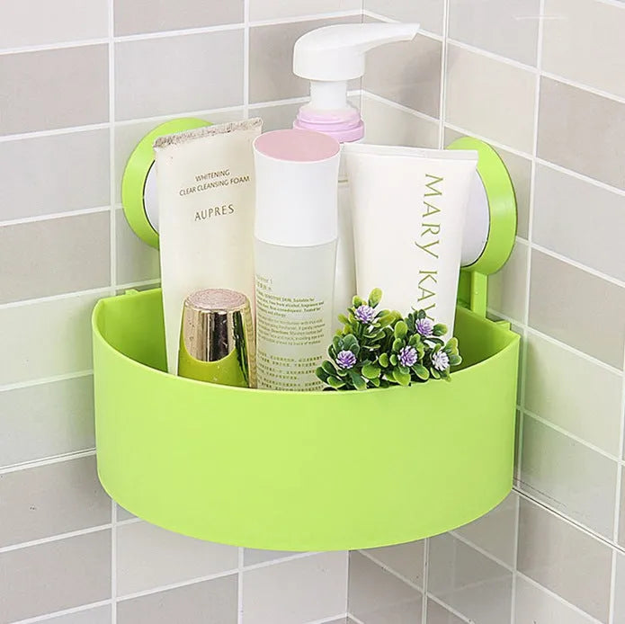 Bathroom corner shelf in blue, green, rose or white, triangle shape, double suckers, drainage holes, 7.5 x 14.5 x 14.5 cm