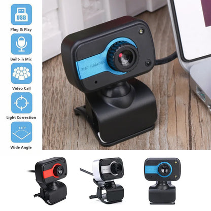 Blue mini USB webcam with a 1.45m cable showing its 360-degree rotating head on a laptop.