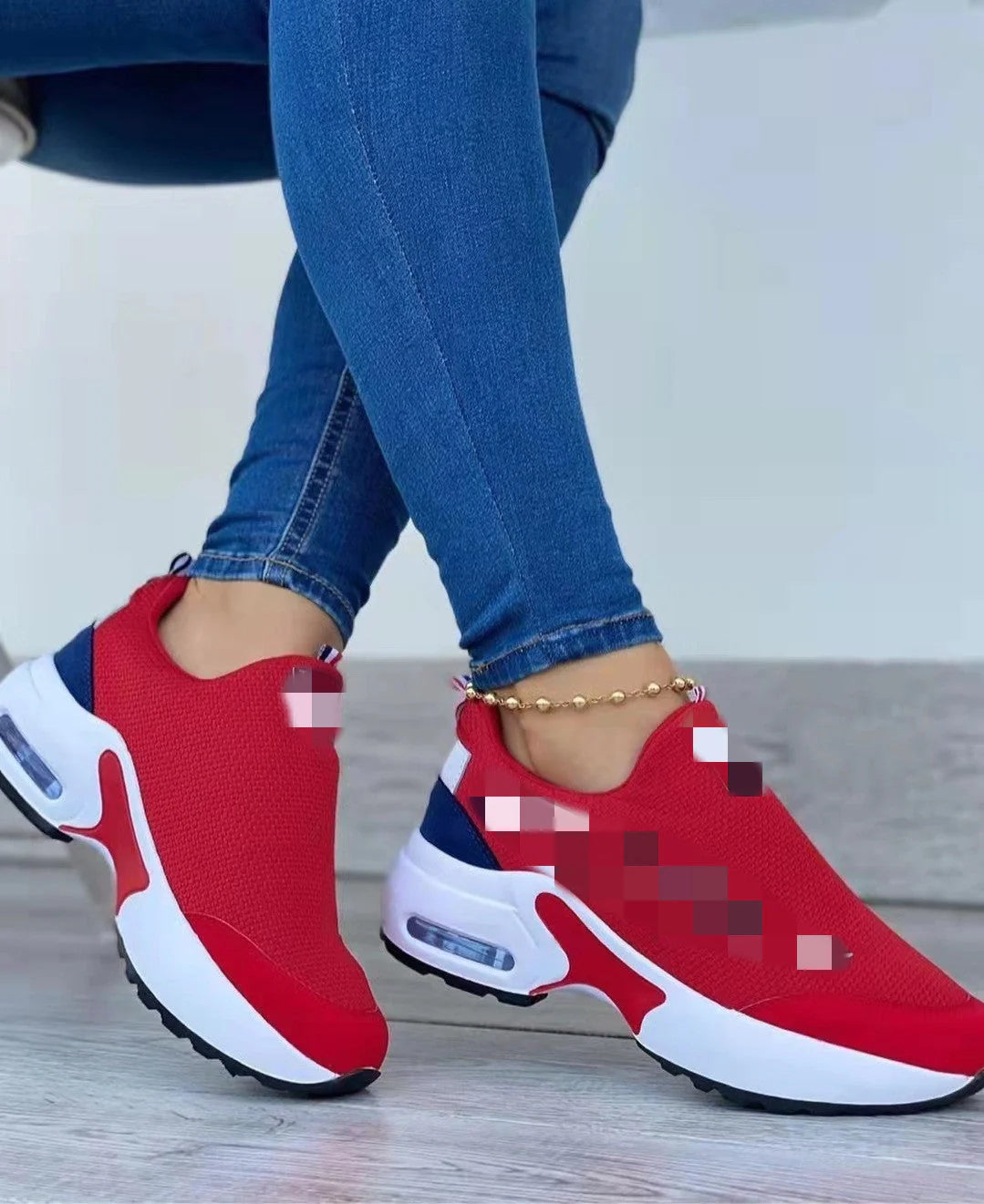 Women's slip-on sneakers with air cushion and mid heel in white, red, black, navy blue