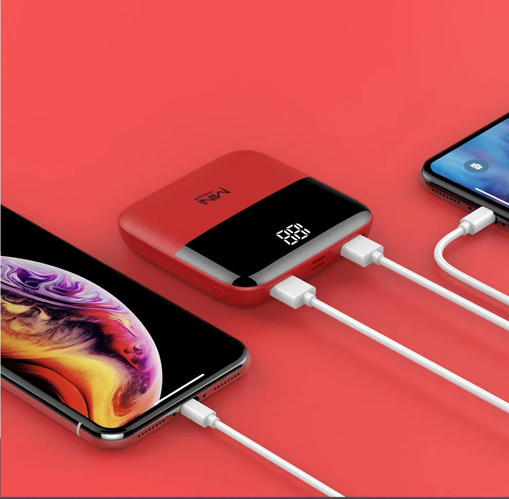 10000mAh portable power bank with digital display in black, pink, red, or white colours