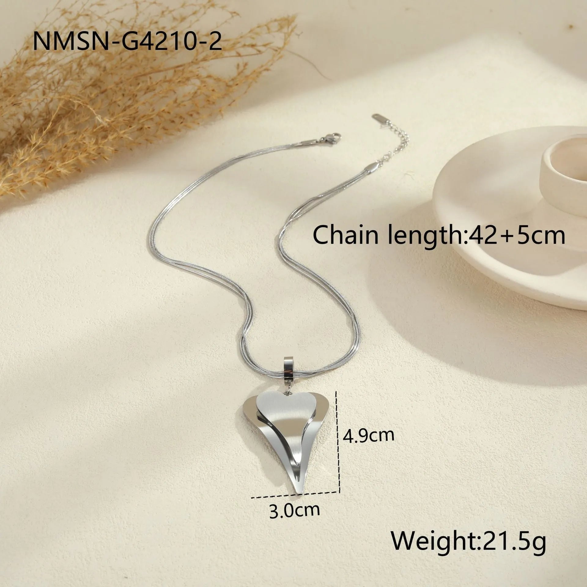 Stainless steel geometric necklace with double heart snake bones pendant in gold or steel colour