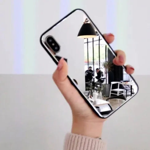 Black mirror phone case for iPhone with built-in self-timer mirror, made from TPU and PC materials