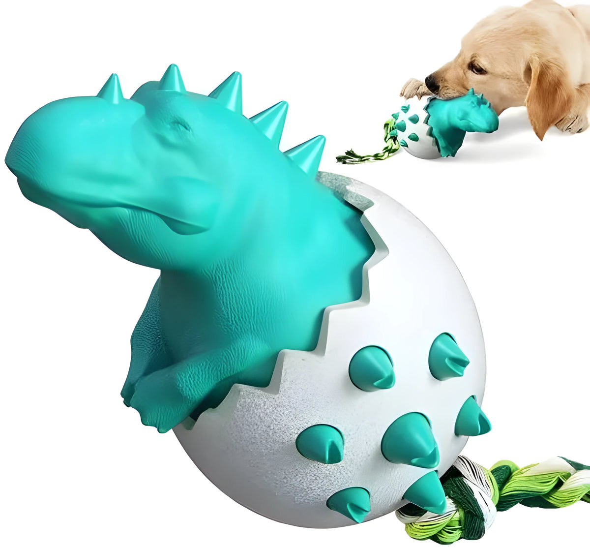 Blue dinosaur-shaped dog chew toy with rope attached, showing textured surface with nubs and grooves