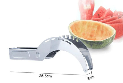 Silver stainless steel melon cutter for slicing watermelon and other large fruits.