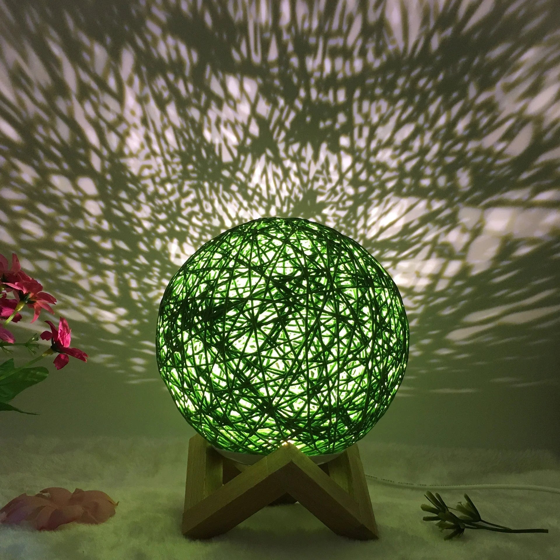 LED rattan table lamp with hand-knit linen shade in various colours