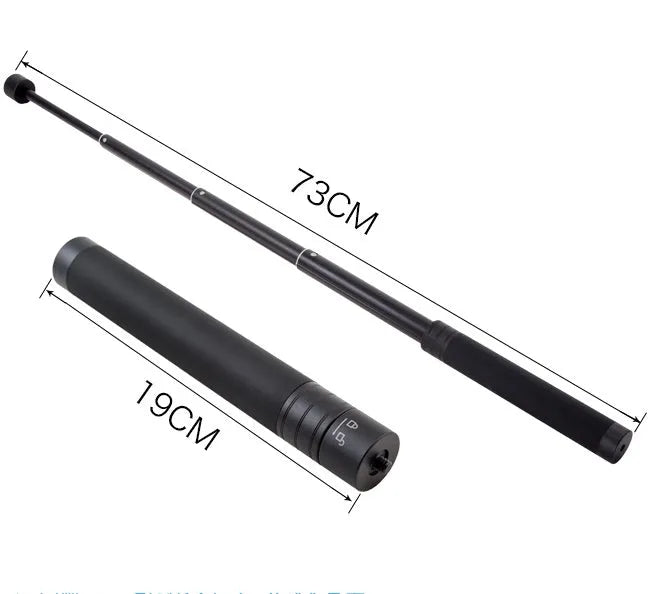 Black retractable selfie stick extended to 100cm with phone attached and Bluetooth remote