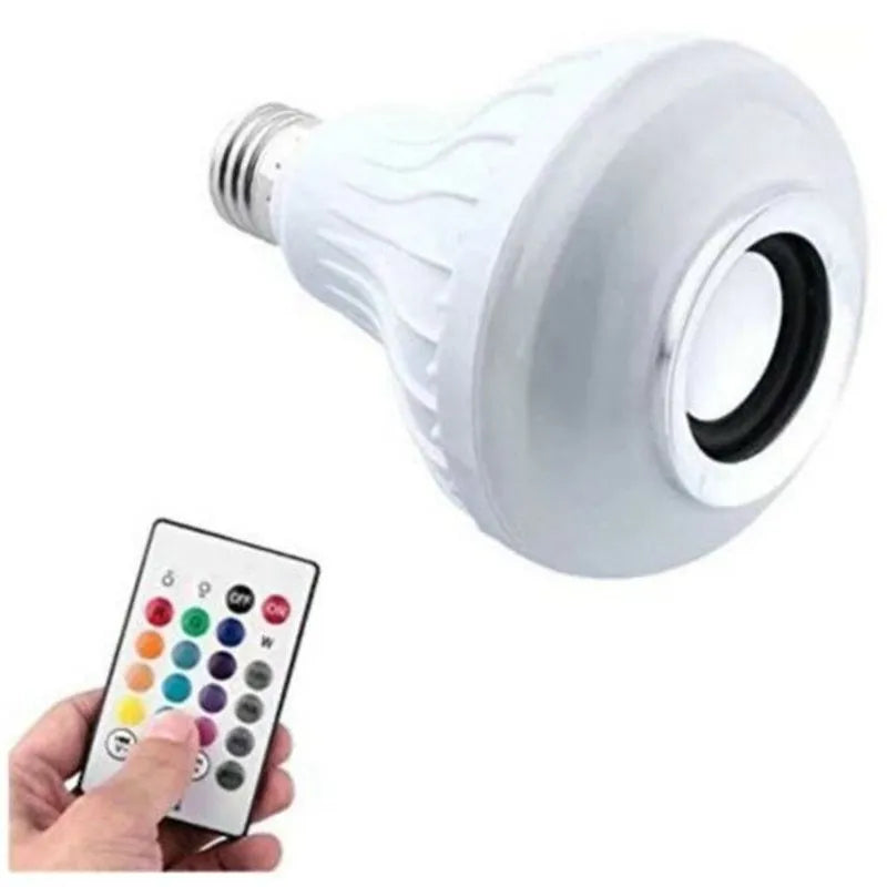 White smart Bluetooth LED bulb speaker with E27 base and remote control for RGB lighting