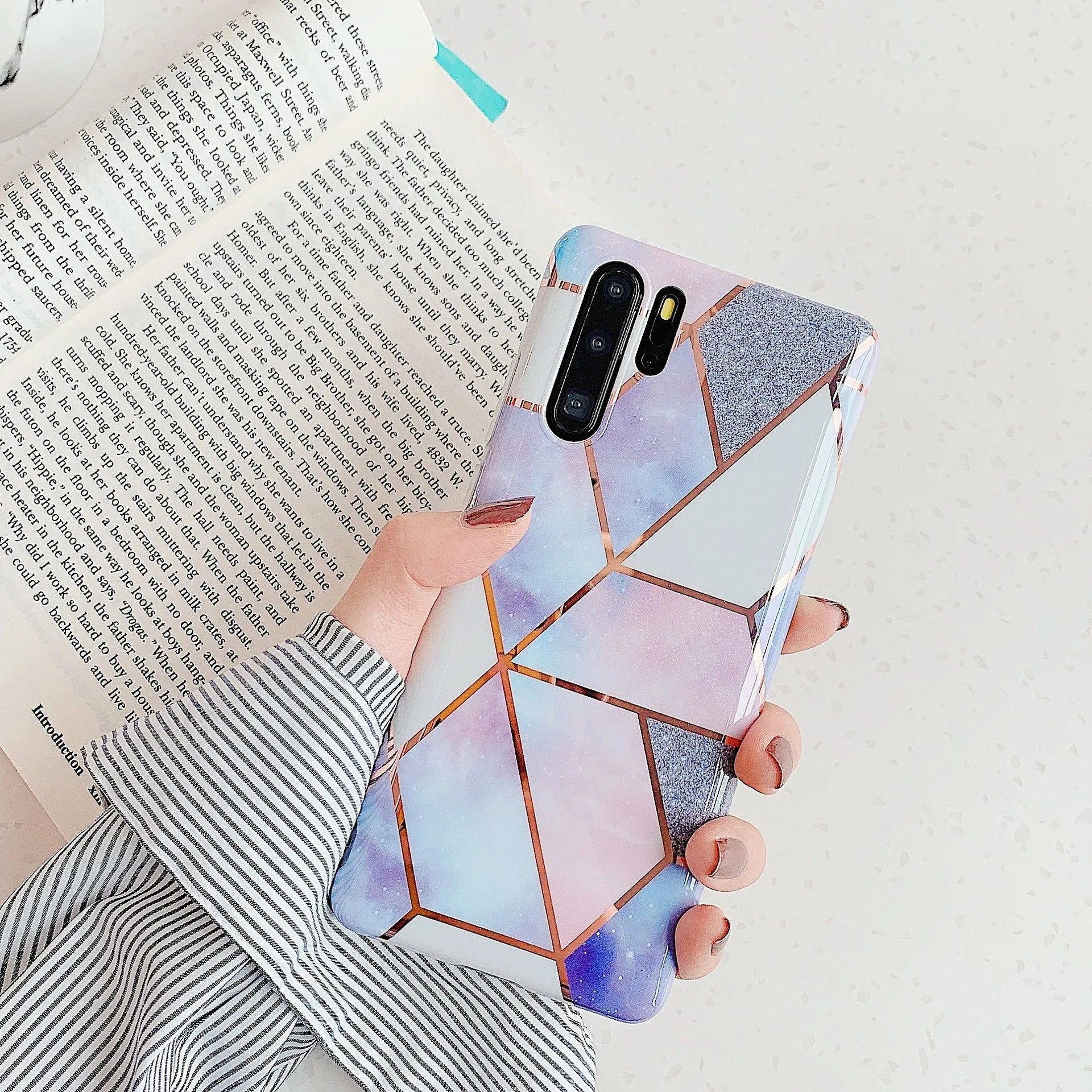 Electroplated marble mobile phone case for Huawei and Samsung smartphones with TPU construction and scratch-resistant finish